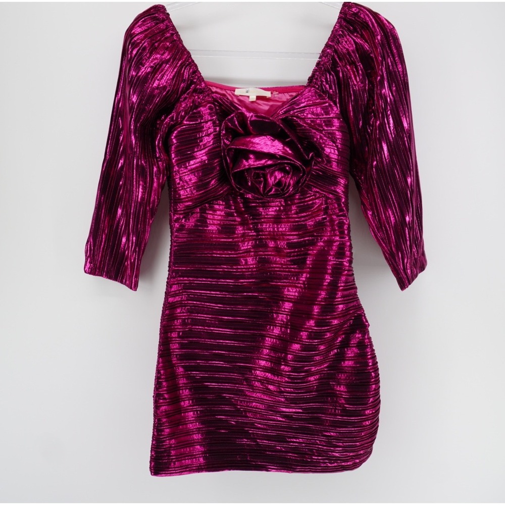 LoveShackFancy Thompson Magenta Metallic Pleated Rosette Mini Dress Size 4 HOCO